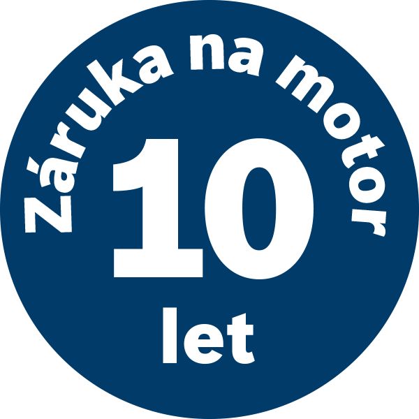Modré kruhové logo s textem „Zaruka na motor 10 let“ znamenající „10letá záruka na motor“ v polštině.