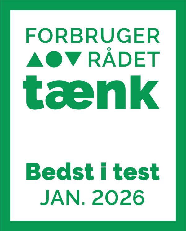 T&aelig;nk testvinner! Merke med "Bedst i test" fra januar 2026, anerkjent av Forbruger &Aring;dets r&aring;d. 