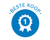 Blauwe badge met een lint met de tekst “Beste Koop” en een cijfer één, als symbool voor topkwaliteit of beste koop. 