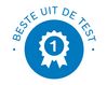 Blauwe badge met een lint met “Beste uit de test” en het cijfer “1”, wat staat voor topprestaties in een test. 