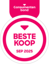 Een roze met witte badge met de tekst “Beste Koop” voor september 2025, uitgereikt door de Consumentenbond.