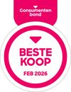 Een roze met witte badge met de tekst &ldquo;Beste Koop&rdquo; voor februari 2026, uitgereikt door de Consumentenbond.