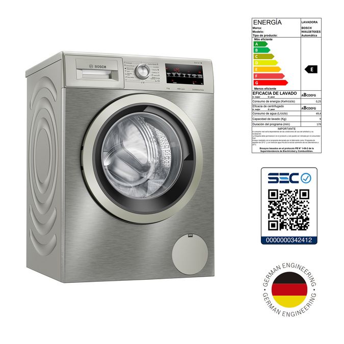 Bosch Serie 6 WAU28T6XES lavadora Carga frontal 9 kg 1400 RPM Acero  inoxidable