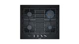 A Bosch 60-cm, 4-burner gas hob in black from Series with flames lit on the right burners.