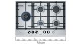 A Bosch 75cm stainless steel gas hob with a ruler below as a size indicator.
