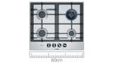 A Bosch 60cm stainless steel gas hob with a ruler below illustrating the size.
