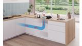 Køkkenlayout med skematisk repræsentation af Bosch fladt kanalsystem med udsugning.