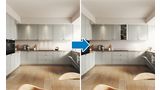Klasikinio virtuvės išplanavimo su virš kaitlentės įleistu garų rinktuvu vaizdas.