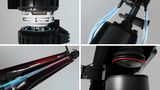 4 technical images of coffee machine's components, including grinder, water flow system, heating element and brewing unit.