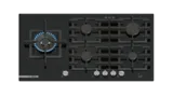 A black gas cooktop featuring five burners with blue illumination, styled for modern kitchens.