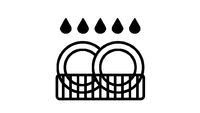 Nog een symbool voor vaatwasserbestendig: twee borden in een vaatwasserrek met een reeks druppels erboven.