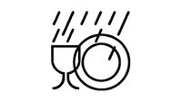 Beispiel für das Symbol „Spülmaschinengeeignet“: Wasser fließt auf einen Teller und ein Glas.