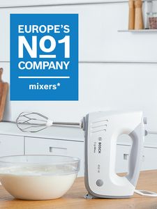 A Bosch hand mixer next to the Europe No. 1 Brand logo.