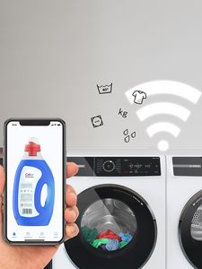 Bosch washer and dryer paired with the Home Connect app.