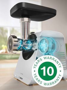 White Series 4 food mincer revealing x-ray style interior of motor, next to 10-year warranty logo.