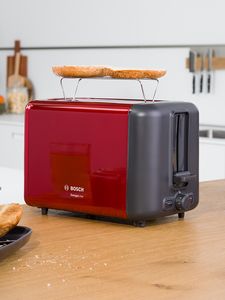 DesignLine toaster on a kitchen top in red.