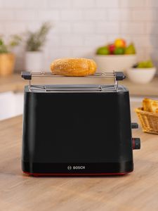 MyMoment toaster on a kitchen top in black.