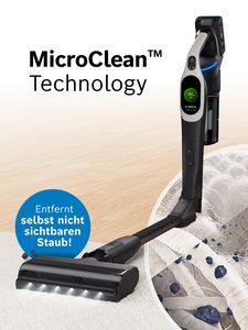 Der Bosch Unlimited 10 Akku-Staubsauger auf weißem Teppich. Die Teppichfasern inklusive Staubpartikel sind in der Nahaufnahme zu sehen. Im Bild steht "MicroClean™ Technology" sowie "Entfernt selbst nicht sichtbaren Staub!"