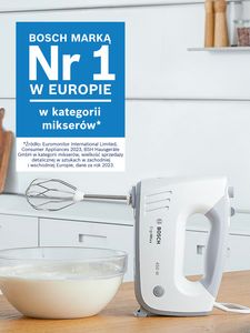 Mikser ręczny marki Bosch obok logo marki numer 1 w Europie.