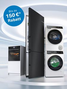 Staubsauger, Backofen, Kühlschrank, Waschmaschine, Trockner und Geschirrspüler in einem Raum inklusive Störer mit dem Hinweis auf bis zu 150€ Rabatt