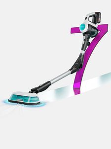 Een moderne stofzuiger met een afneembare mopkop staat naast een groot, vet nummer zeven, wat de efficiëntie en veelzijdigheid benadrukt.