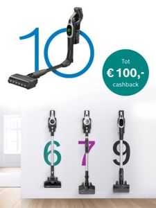 Promotieafbeelding met vier stofzuigers, met een maximale cashbackaanbieding van €100, vetgedrukt. 