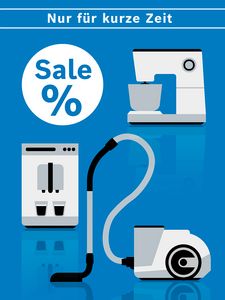 Haushaltsger&auml;te im Angebot, darunter K&uuml;chenmaschine, Kaffeemaschine und Staubsauger, mit der Text&uuml;berlagerung &bdquo;Sale %&ldquo;.