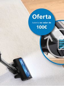 parte de aspirador a aspirar uma carpete branca e slash a dizer oferta de bateria