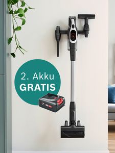 Wandstaubsauger mit Gratis-Zweitakku-Angebot auf grünem Hintergrund.