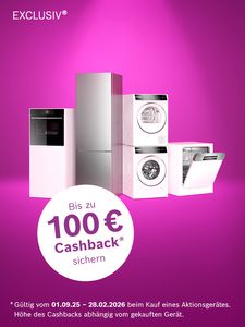 Das Bild zeigt verschiedene moderne Küchengeräte mit einem Werbetext, der bis zu 100 € Cashback verspricht