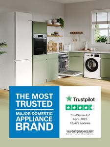Kitchen setting with Bosch appliances and trustpilot overlay