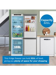 Open fridge freezer showing capacities in litres