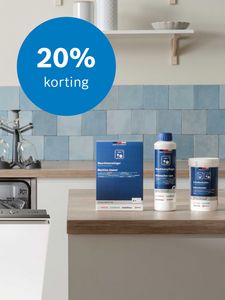 Bosch reinigingsmiddelen met 20% korting op aanrecht naast open geïntegreerde vaatwasser