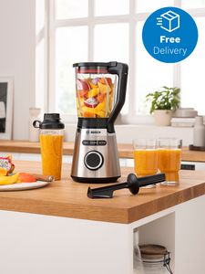 Juicer making mixed fruit juice on countertop with free delivery icon in top right corner