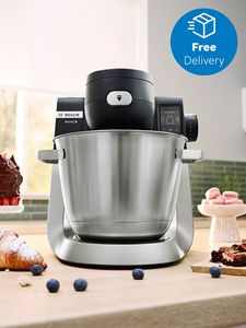 Kitchen machine sat on countertop with food around it with free delivery icon in top right corner