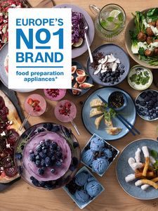 Overhead view of different food dishes sat on table, with Europe's Number 1 Brand Food Preparation Appliances icon