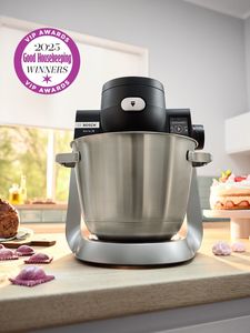 Bosch Stand Mixer on countertop surrounded by food, with VIP Awards 2025 Good Housekeeping Winners icon