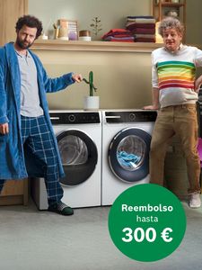Sobre un fondo morado, una mujer con camisa verde azulado pregunta sobre las ventajas de comprar en el sitio web de Bosch.