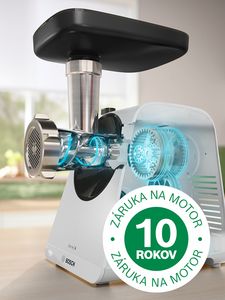 Biely mlynček na potraviny Serie 4 odhaľujúci vnútornú časť motora v štýle röntgenovej snímky, vedľa loga 10 ročnej záruky.