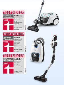 Drei unterschiedliche Bosch Staubsauger-Modelle sind zusammen mit den Auszeichnungen von Stiftung Warentest abgebildet.