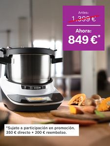 Alt text: Imagen del robot multifunción Cookit de Bosch con una caja magenta indicando un precio de oferta. 