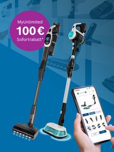 Ein Smartphone zeigt Bosch-Staubsaugeraufsätze, während zwei Staubsauger vor einem blauen Hintergrund stehen und ein Rabatt von 100 € beworben wird.