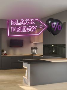 cozinha com neon a dizer black friday