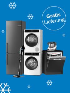 Mehrere Haushaltsgeräte vor blauem Hintergrund mit Schneeflocken: grauer Kühlschrank, weiße Waschmaschine und Trockner, schwarzer Geschirrspüler mit offenem Tür, schwarzer Staubsauger. Weißer Kreis mit Text 'Gratis Lieferung'.