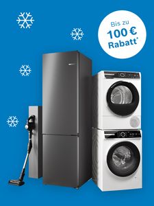 Haushaltsgeräte auf blauem Hintergrund mit Schneeflocken und dem Hinweis, dass es bis zu 100 € Rabatt im Bosch Online Shop gibt