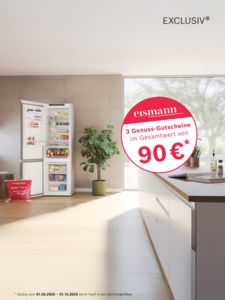 Moderne K&uuml;che mit Hinweis zum Erhalt von drei eismann Gutscheinen im Gesamtwert von 90 &euro; bei Kauf von ausgew&auml;hlten EXCLUSIV Aktionsger&auml;ten