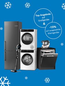 Mehrere Bosch Haushaltsgro&szlig;ger&auml;te und Kleinger&auml;te vor blauem Hintergrund mit wei&szlig;en Schneeflocken und Text in wei&szlig;en Kreisen 'Top Angebote auf Gro&szlig;ger&auml;te & -15% auf ausgew&auml;hlte Kleinger&auml;te'