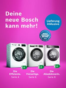 Magenta-farbener Hintergrund, auf dem drei Bosch Waschmaschinen zu sehen sind und der Hinweis auf Kostenlose Lieferung im Bosch Online Shop
