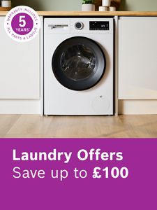 Bosch washing machine in a kitchen with 5 year warranty logo