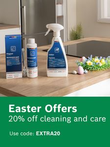 Cleaning and care products on Bosch counter. 